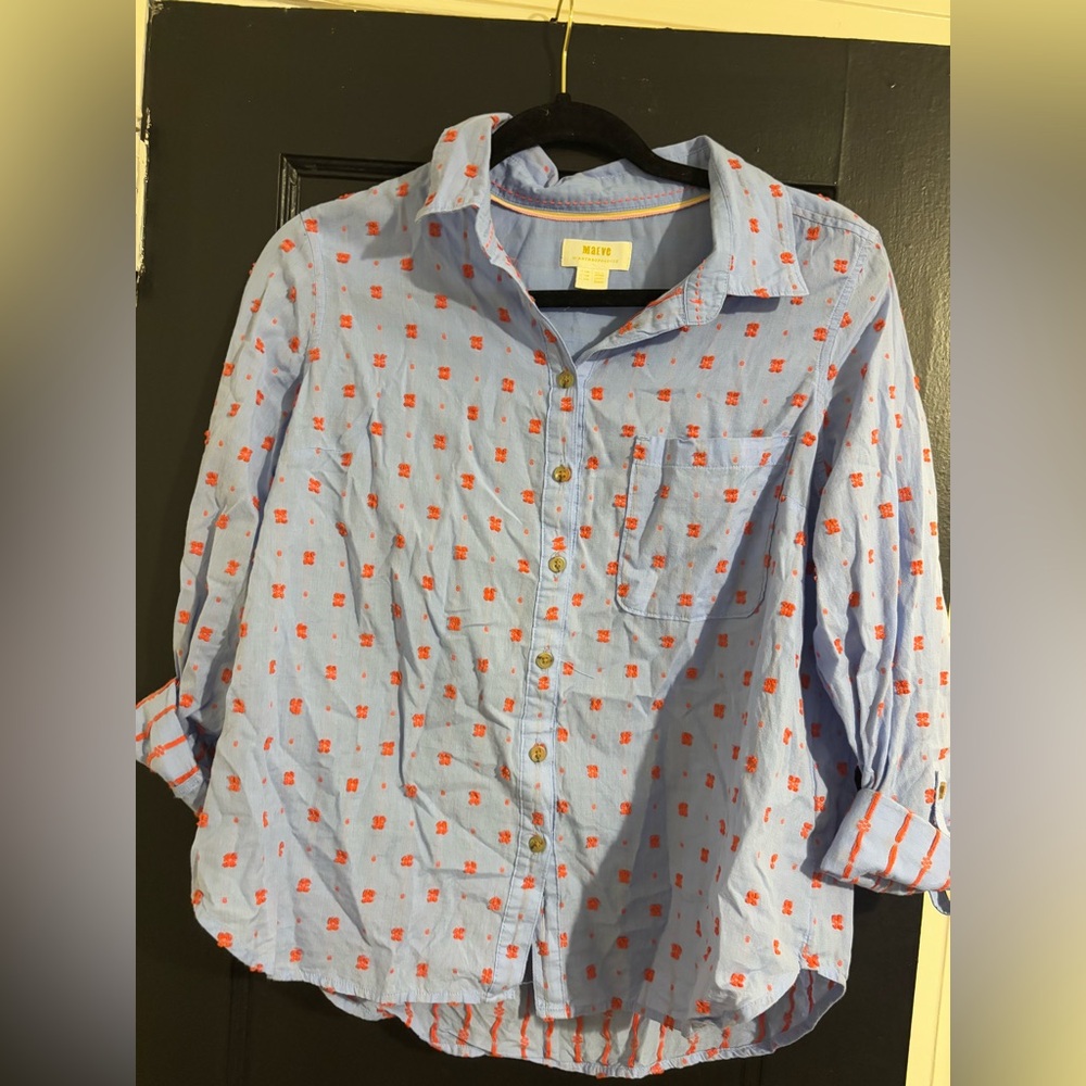 Anthropologie Maeve Blue Embroidered Button Down Shirt Size 12 Petite